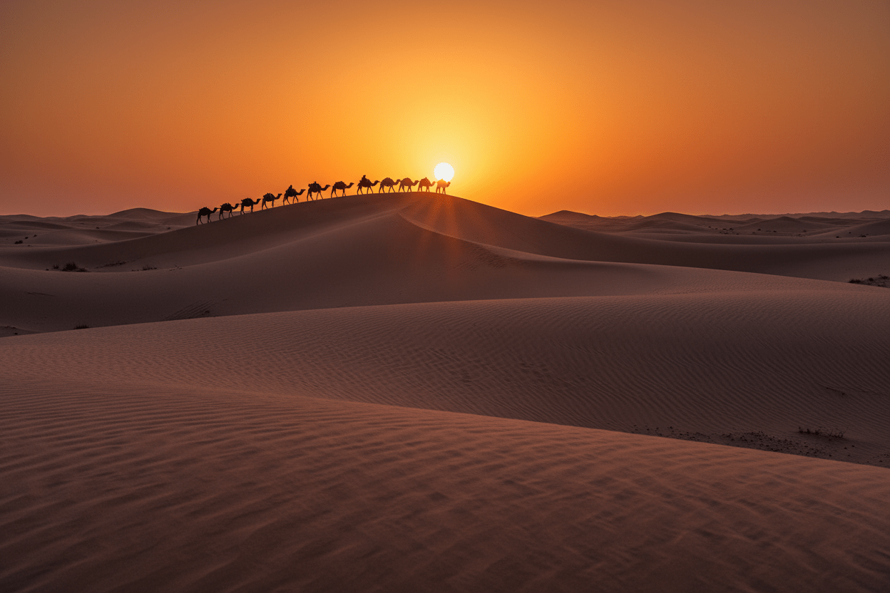 Camel caravan crossing Erg Chebbi dunes at sunset – 3-Day Sahara Desert Tour Morocco