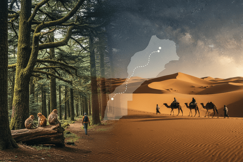 Morocco desert tour with camels under stars, forest trail with monkeys, map overlay of Moroccan journey