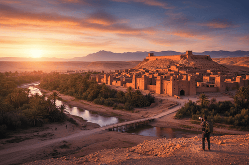 Sunset over Moroccan kasbah with palm trees, river, and photographer capturing desert tour scenery in Morocco