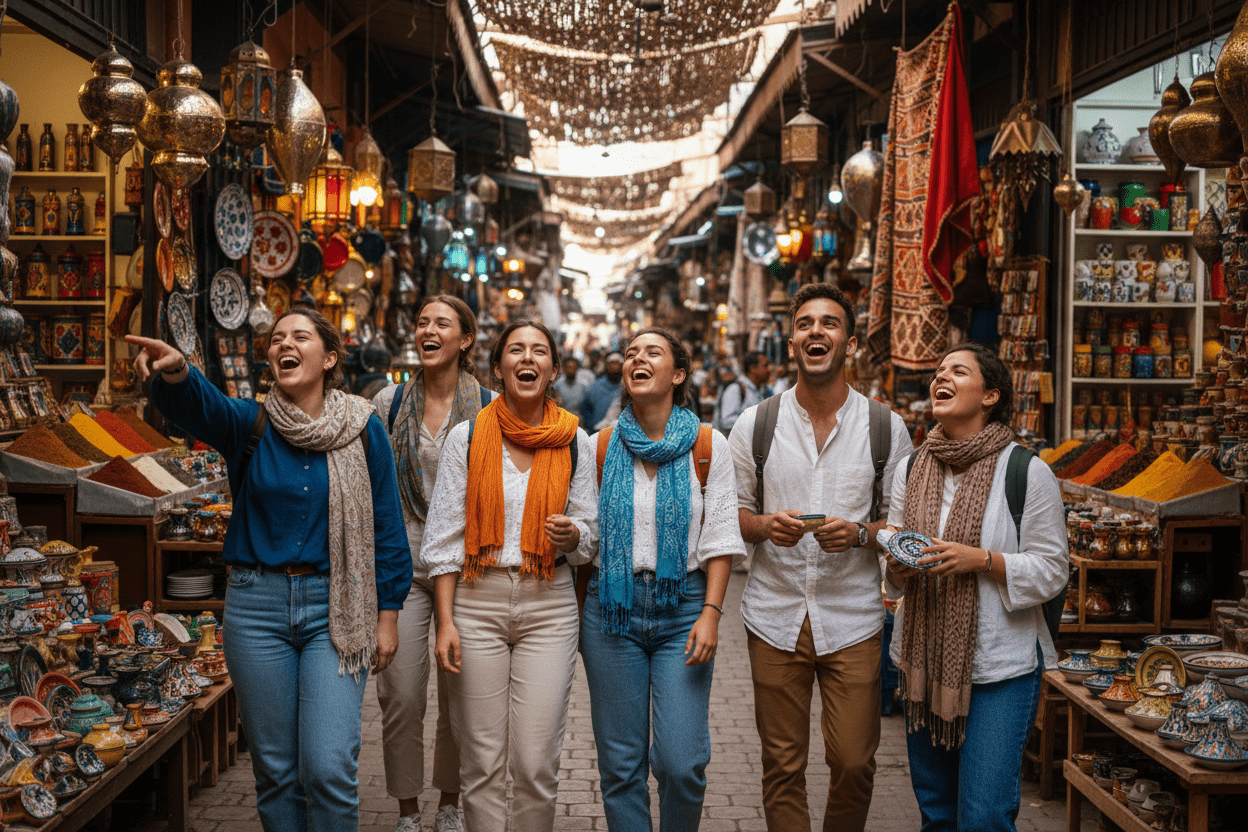 Students exploring Marrakech medina and Sahara dunes – Morocco Student Package