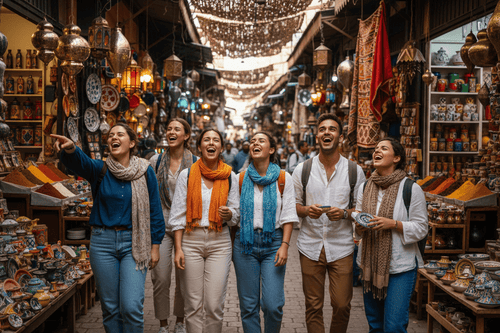Students exploring Marrakech medina and Sahara dunes – Morocco Student Package