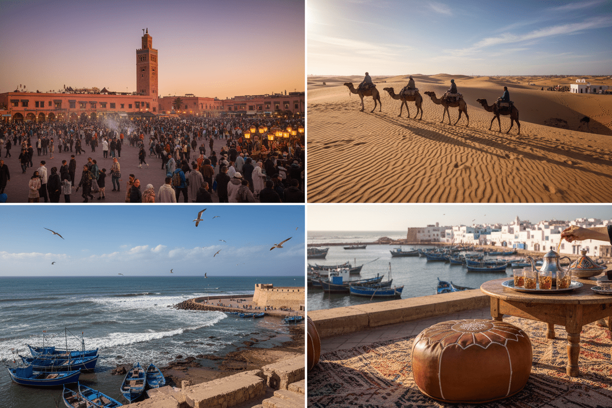 Essaouira medina and Sahara dunes collage – 5-Day South Morocco & Coast Tour