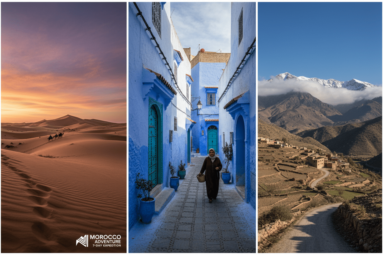 Chefchaouen blue city and Sahara dunes – 7-Day Morocco Grand Tour