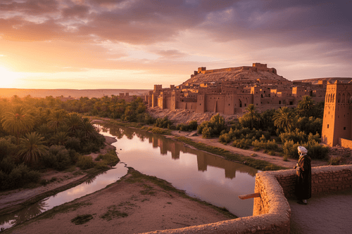 Sunset over Moroccan kasbah by river, palm trees, desert landscape — ideal for Morocco tours & Sahara adventures.