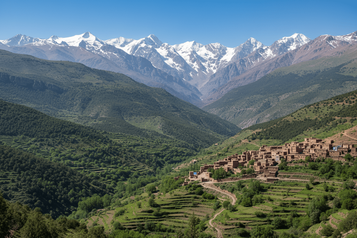 Trekkers on Atlas Mountains trail with snow peaks – Day Trip from Marrakech