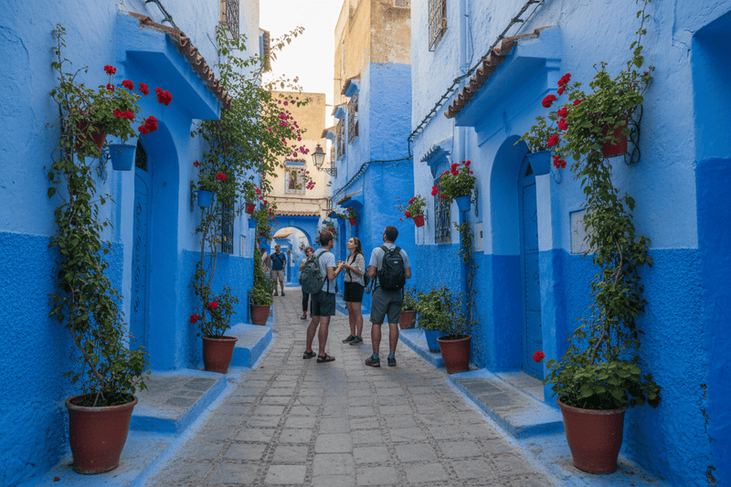 Tourists exploring blue-painted streets of Chefchaouen, Morocco with red flowers and potted plants