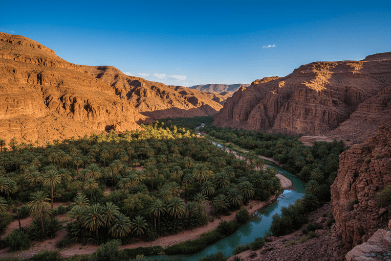Morocco desert oasis with palm trees, river, and red rock canyons under blue sky