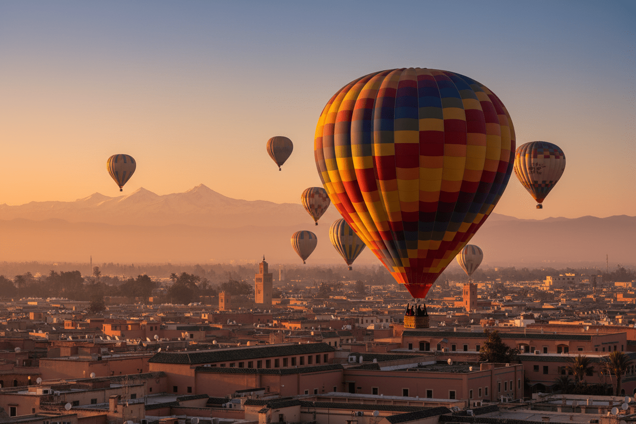 Hot air balloon over Atlas Mountains at sunrise – Marrakech Balloon Flight