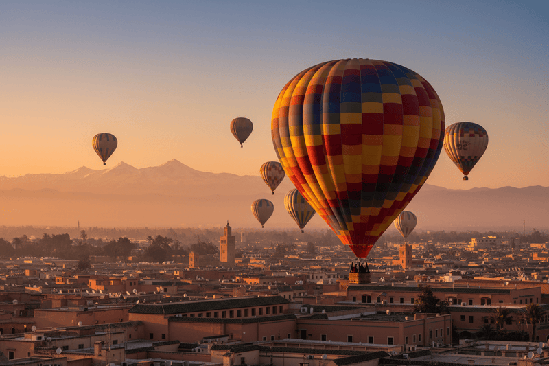 Hot air balloon over Atlas Mountains at sunrise – Marrakech Balloon Flight