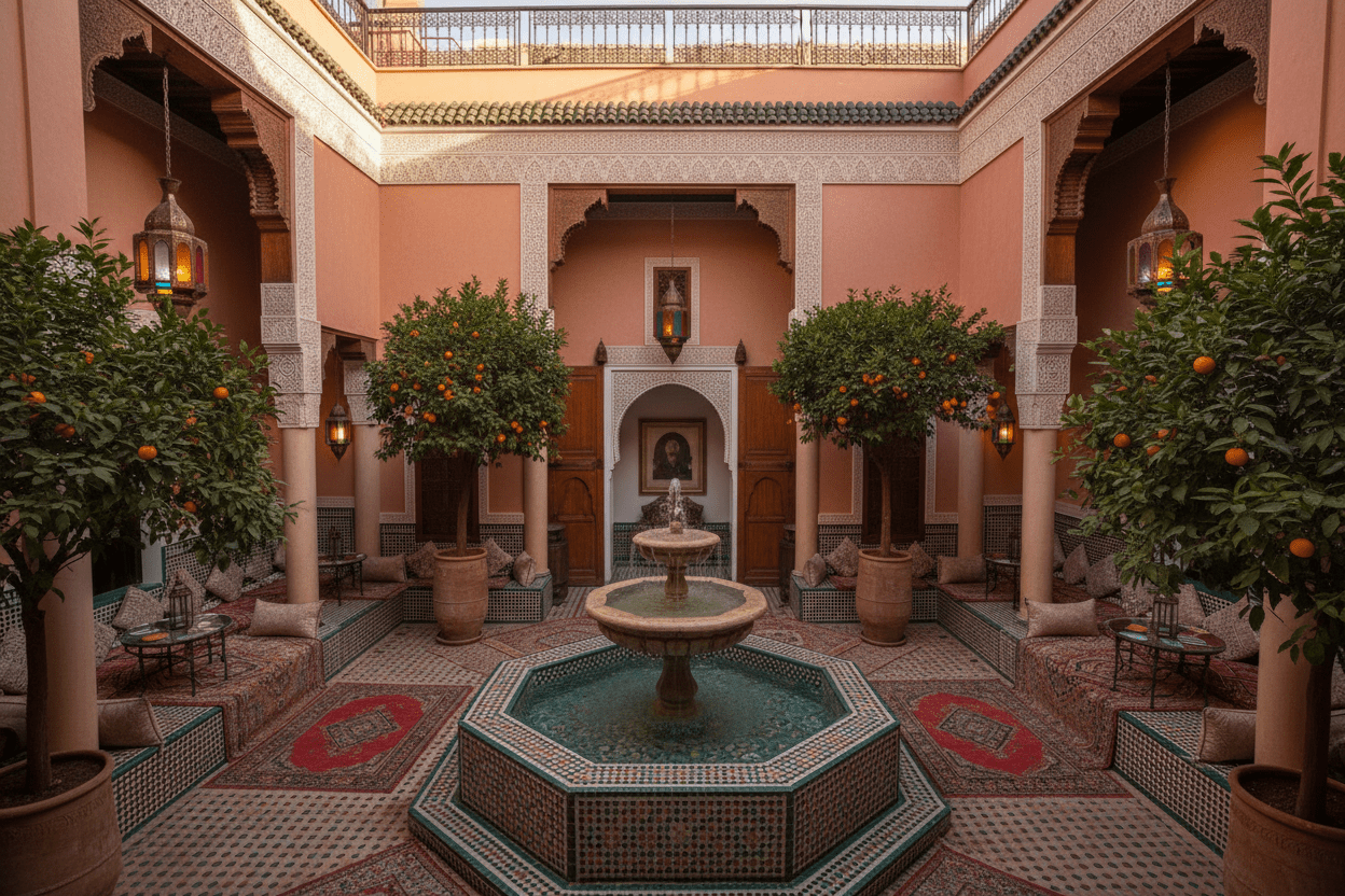 Luxury riad courtyard with fountain Marrakech medina – 3 Nights Package