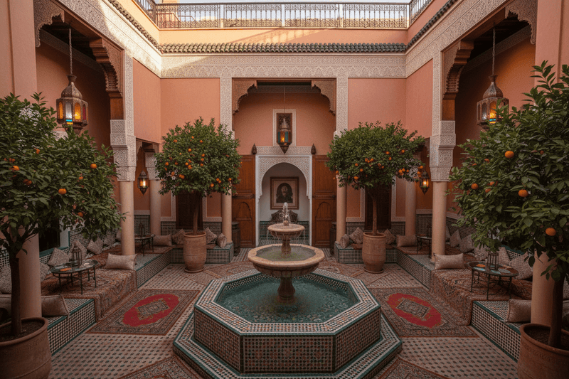 Luxury riad courtyard with fountain Marrakech medina – 3 Nights Package