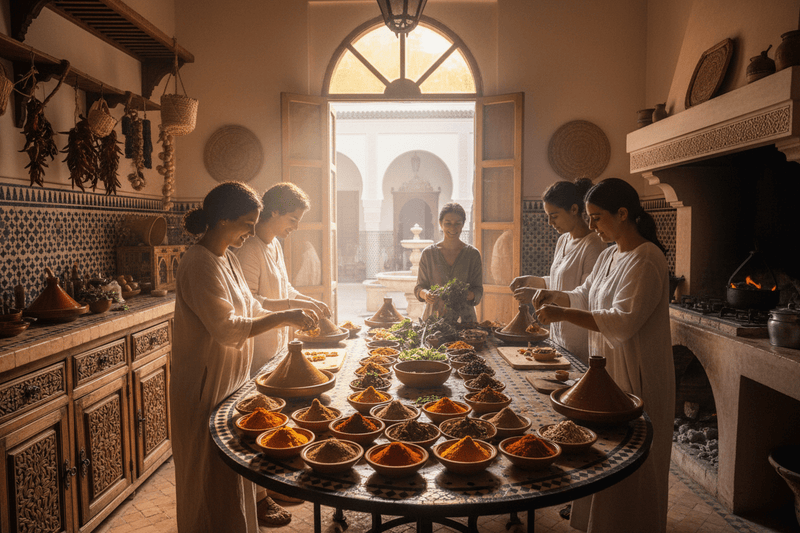 Moroccan cooking class with spices and tagines in traditional kitchen, perfect for cultural tours in Marrakech or Fes