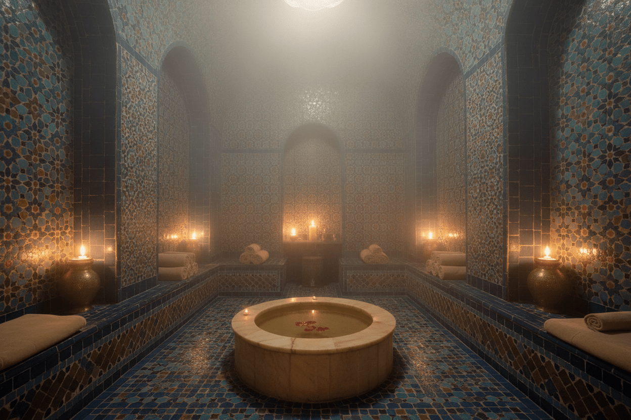 Traditional Moroccan hammam steam room and mosaic tiles – Marrakech Spa