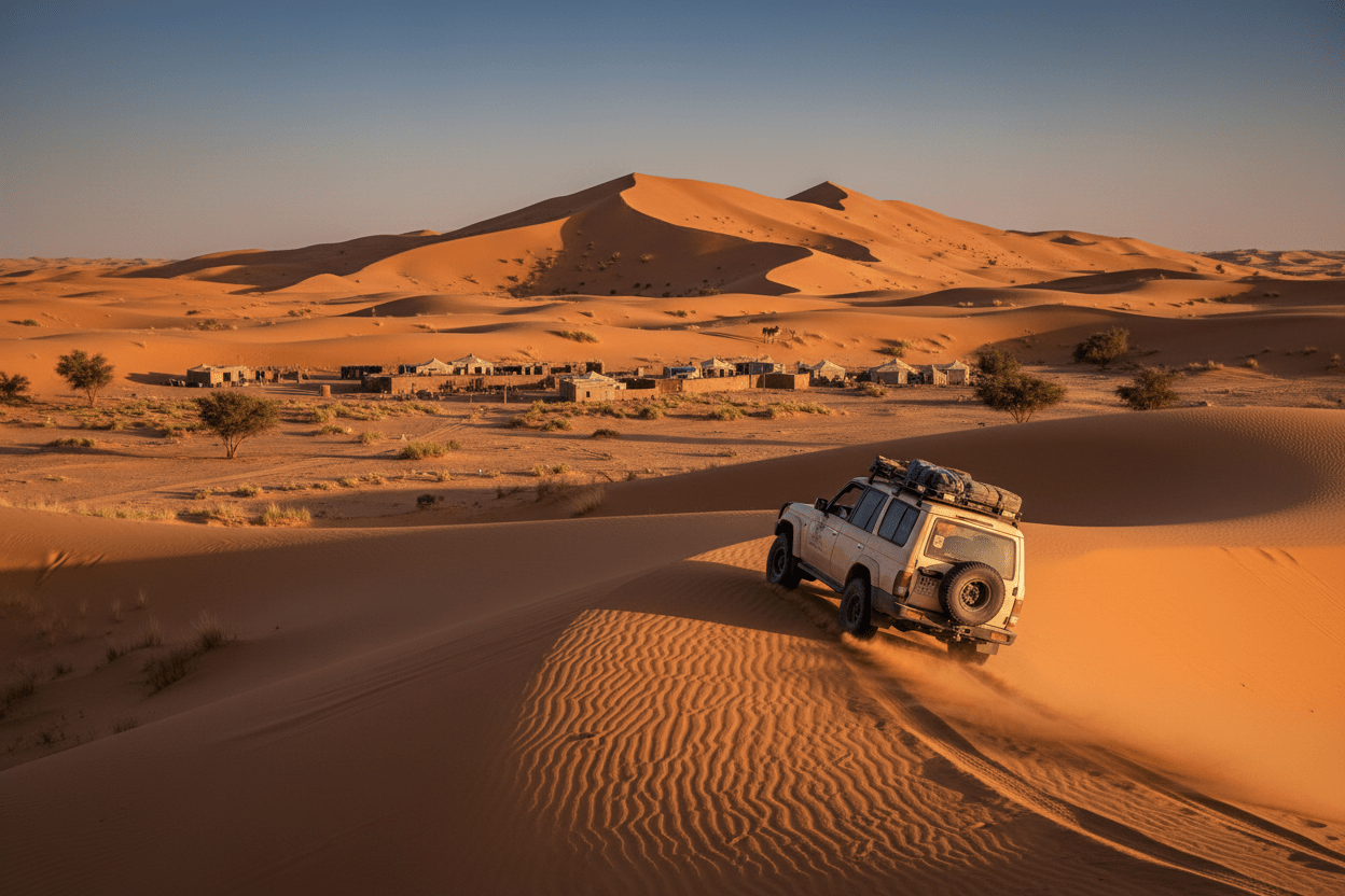 4x4 vehicle crossing Sahara desert and nomad village – Merzouga Day Trip