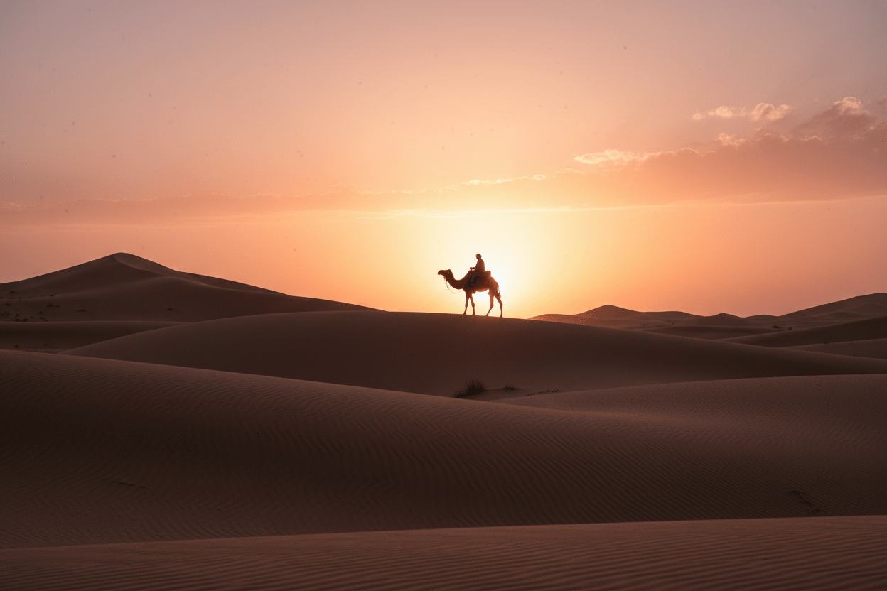 Camel trek at golden sunrise over Erg Chebbi dunes – Merzouga Desert Tour