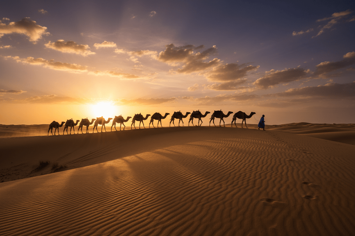 Camel caravan crossing Erg Chebbi dunes at sunset – 3-Day Sahara Desert Tour Morocco