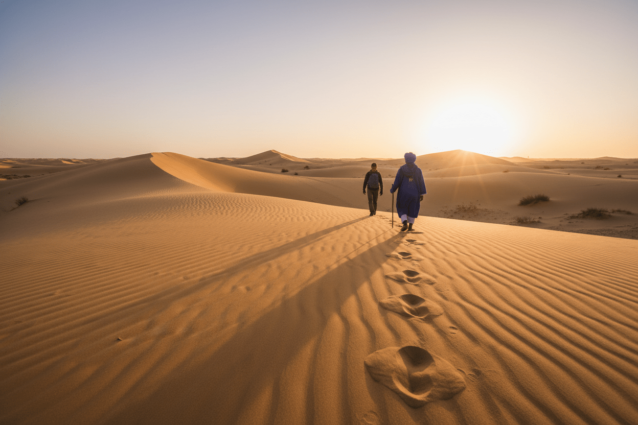 Berber guide leading walk through Erg Chebbi dunes at sunrise – Merzouga Walk