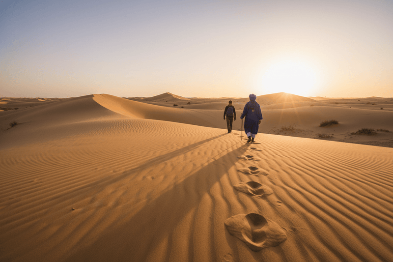 Two travelers trekking across golden Sahara desert dunes at sunset, following footprints in the sand.