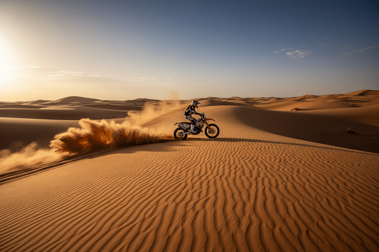KTM motorbike rider on Sahara desert dunes – Merzouga Enduro Adventure