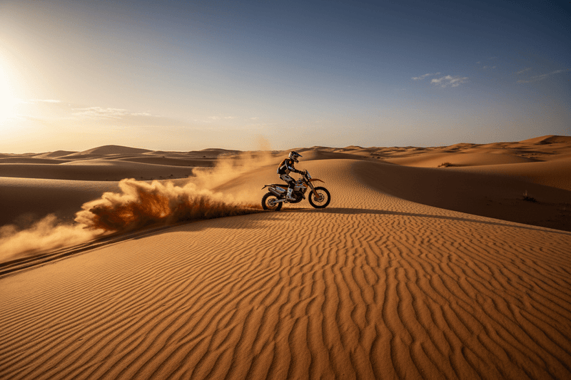 KTM motorbike rider on Sahara desert dunes – Merzouga Enduro Adventure