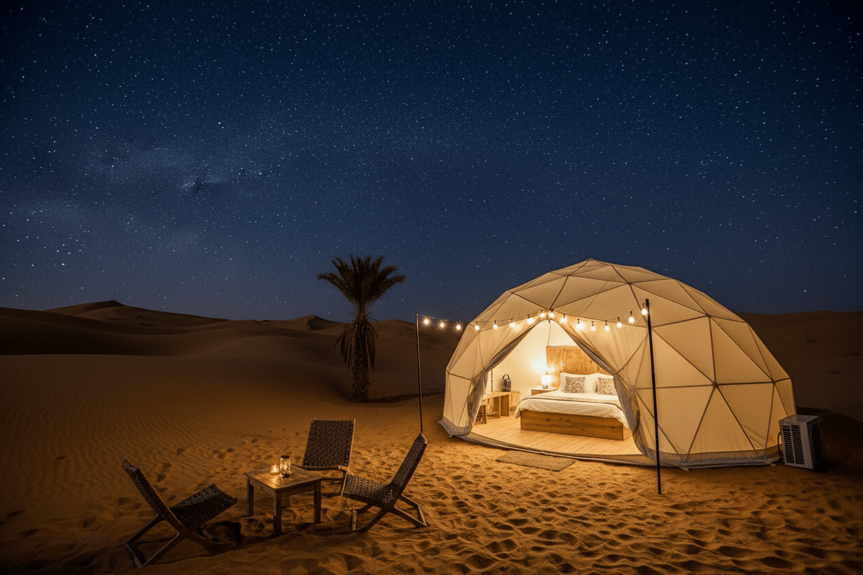 Luxury glamping tent with AC under Sahara stars – Merzouga Desert Camp