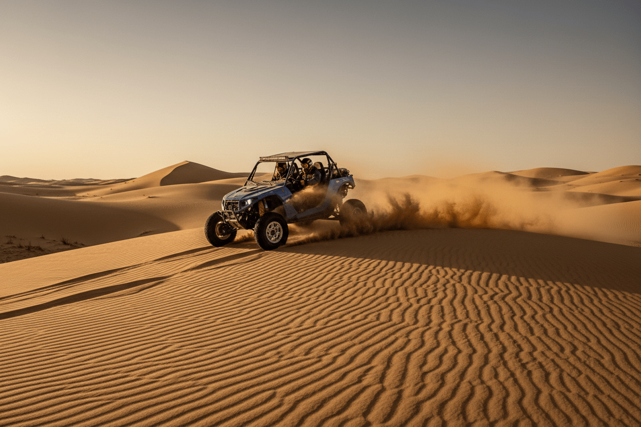 Dune buggy racing over Sahara sand dunes at dusk – Merzouga Desert Experience