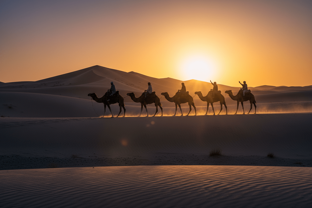 Camel silhouette against orange Sahara sunset Erg Chebbi – Merzouga Camel Ride