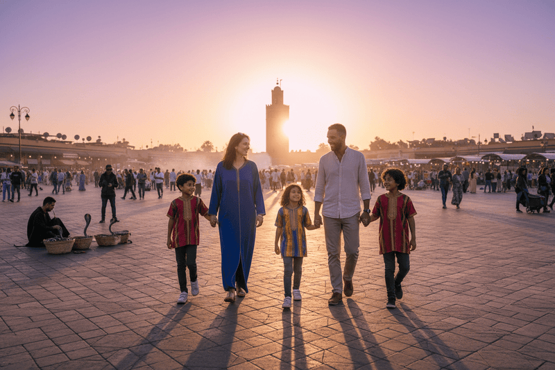 Family enjoying sunset in Marrakech square with Koutoubia Mosque, perfect for Morocco tours and desert adventures.