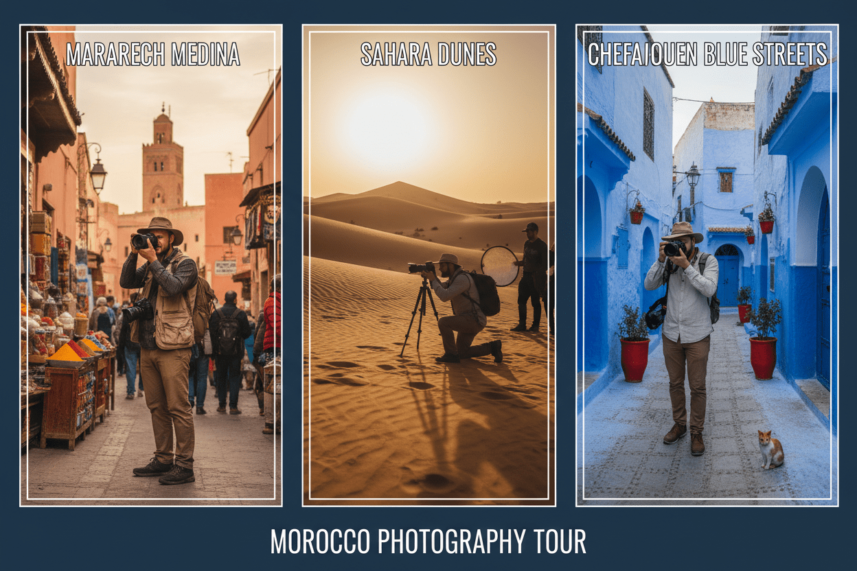 Photographer capturing Chefchaouen blue alley – 5-Day Morocco Photography Tour