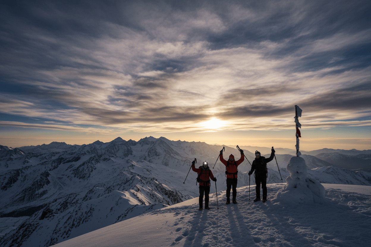 Climbers on Mount Toubkal summit 4167m Atlas Mountains Morocco