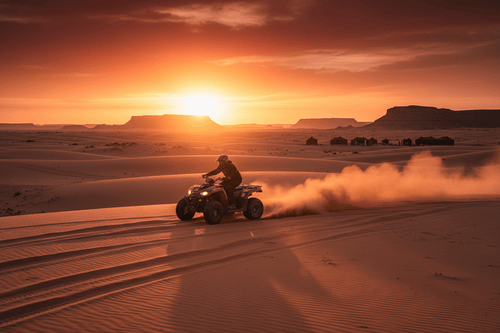 ATV adventure in Sahara desert at sunset, Morocco tour experience with dunes and camp backdrop