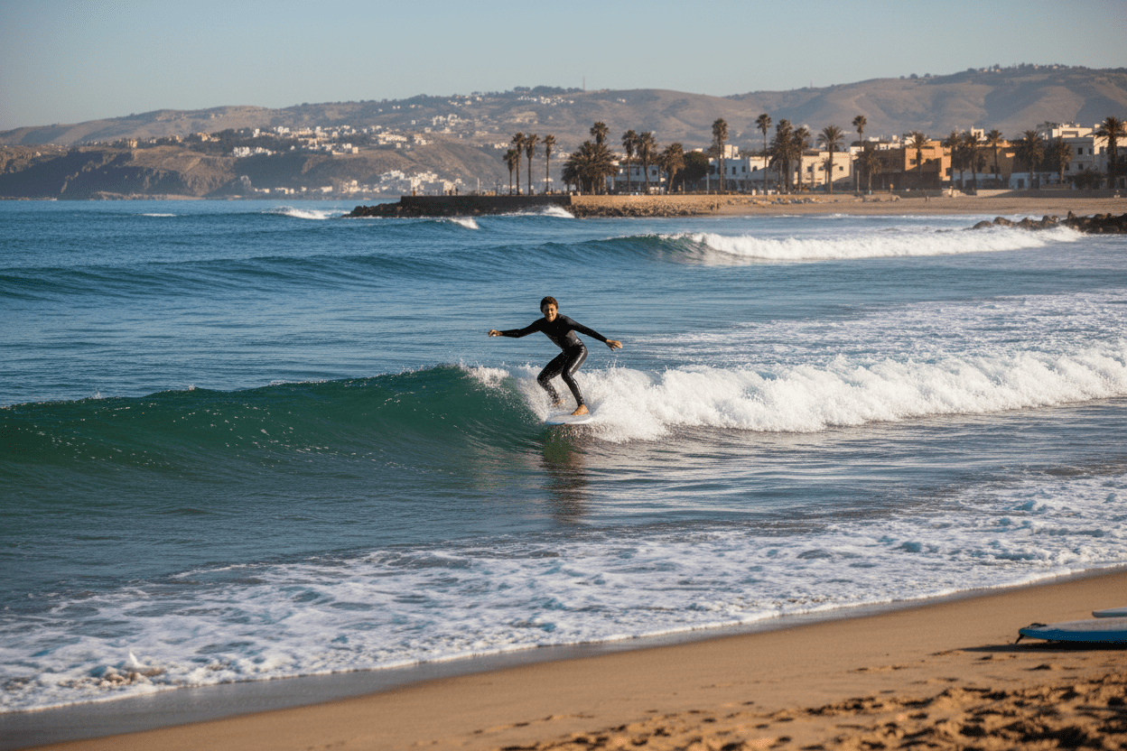Surfer riding Atlantic waves at Taghazout beach – 3-Day Surf Trip Morocco